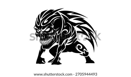 A fearsome tribal skull monster with sharp teeth and glowing eyes, depicted in a dynamic pose with tribal patterns.