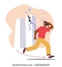 Fear-stricken Man Flees Shattered Building Amidst Earthquake Chaos. Desperate Character Navigates Debris-laden Streets Seeking Safety Amidst Crumbling Surroundings. Cartoon People Vector Illustration