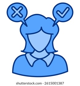 Feasibility icon represented by woman, cross mark, check mark Blue style.