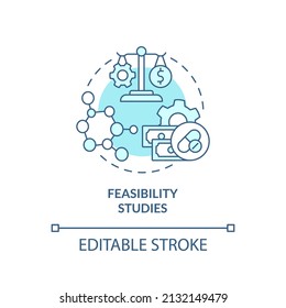 Feasibility studies turquoise concept icon. Data analyzing. Type of clinical trials abstract idea thin line illustration. Isolated outline drawing. Editable stroke. Arial, Myriad Pro-Bold fonts used