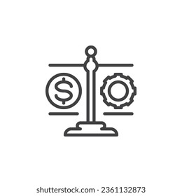 Symbol für die Zeile "Durchführbarkeitsstudie" lineares Stilzeichen für mobiles Konzept und Webdesign. Skala mit Geld und cograd Umriss Vektorsymbol. Symbol, Logo-Abbildung. Vektorgrafik