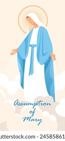  Fiesta de la Asunción de la Virgen María. La Santísima Virgen Madre María. Fiesta de la Inmaculada Concepción de la Virgen María. Anunciación.Ilustración vectorial de Religión