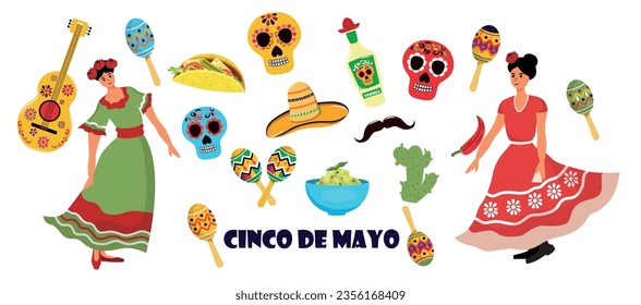 Feast of Cinco de mayo. Vector stock illustration. isolated. White background. Quesadillas, guacamole, maracas, mustache, sombrero, chili peppers. Mexico. Religion and culture. Characters in national 