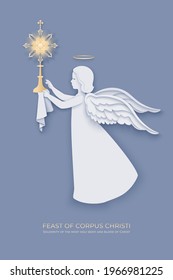 Feast of Corpus Christi background with paper cut layered angel holding a monstrance on a gray backdrop. Vector illustration