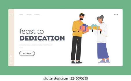 Feast to Dedication Landing Page Template. Happy Family Male and Female Characters Giving Presents to Each Other for Holidays Celebration. Festive Event with Gifts. Cartoon People Vector Illustration