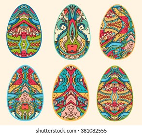 Feast of Easter. The most important Christian holiday. Set of Easter eggs for the design, textures and prints, advertising and brochures. Are decorated by various ornaments and bright colors.