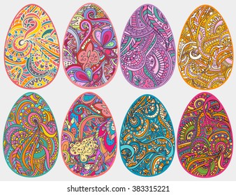 Feast of Easter. The most important Christian holiday. Set of Easter eggs for the design, textures and prints, advertising and brochures. Are decorated by various ornaments and bright colors.