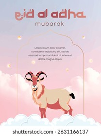 Feast Eid al Adha art greetings. goat on pastel color sky. Muslim festival qurbani. Vector illustration design. Minimalist  musilm simple greeting design