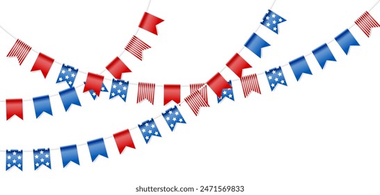 Feast flags for american independence day. Holiday decoration. Isolated vector design elements.