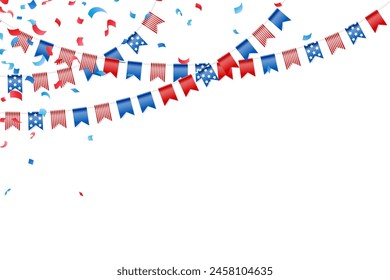 Feast flags with falling confetti for american independence day. Holiday decoration. Isolated vector design elements.