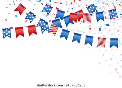 Feast flags with falling confetti for american independence day. Holiday decoration. Isolated vector design elements.