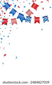 Feast flags with falling confetti for american independence day. Holiday decoration. Isolated vector design elements.