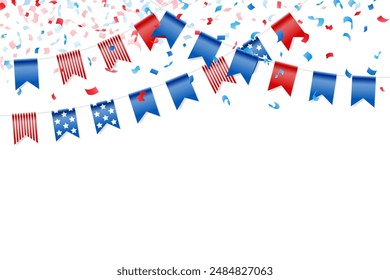 Feast flags with falling confetti for american independence day. Holiday decoration. Isolated vector design elements.