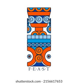 Feast goblet cup and table. Northern Viking fantasy emblem. Blue-orange flat palette