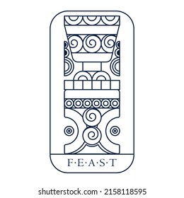 Feast goblet cup and table. Northern Viking fantasy emblem. Line art manuscript card