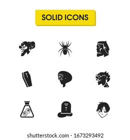 Feast Icons Set With Coffin, Frankenstein Monster And Crazy Scientist Elements. Set Of Feast Icons And Rip Concept. Editable Vector Elements For Logo App UI Design.