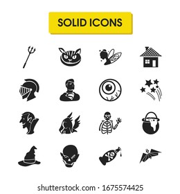 Feast icons set with fireworks, devil trident and origami elements. Set of feast icons and pet concept. Editable vector elements for logo app UI design.