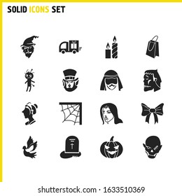Feast icons set with gift delivery, maid and spiders web elements. Set of feast icons and paraffin concept. Editable vector elements for logo app UI design.