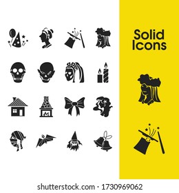 Feast icons set with maid, traditional hawaiian and old magician elements. Set of feast icons and housewife concept. Editable vector elements for logo app UI design.