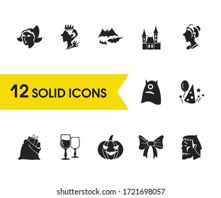 Feast icons set with princess, flying bats and red riding hood elements. Set of feast icons and wineglass concept. Editable vector elements for logo app UI design.