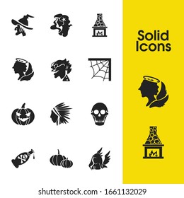 Feast icons set with skull, pumpkin decoration and fireplace elements. Set of feast icons and archangel concept. Editable vector elements for logo app UI design.