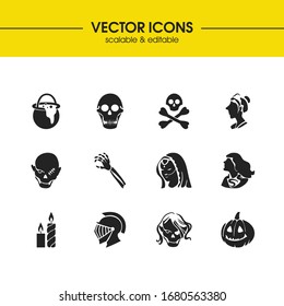 Feast icons set with super woman, candles, traditional indian elements. Set of feast icons and cauldron concept. Editable vector elements for logo app UI design.