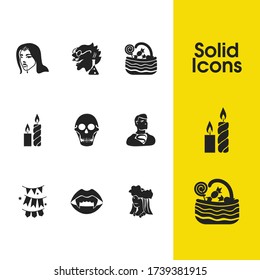Feast icons set with traditional hawaiian, crazy scientist and vampire teeth elements. Set of feast icons and bunting concept. Editable vector elements for logo app UI design.