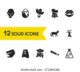 Feast icons set with vampire teeth, dinosaur and evil tree elements. Set of feast icons and costume concept. Editable vector elements for logo app UI design.