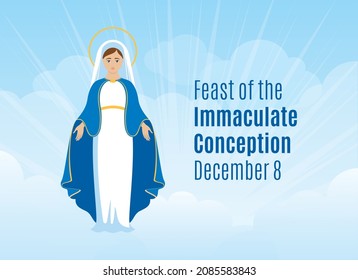 Feast of the Immaculate Conception vector. Blessed Virgin Mary in heaven icon vector. Saint Mary and blue sky vector. Immaculate Conception Day Poster, December 8. Important day