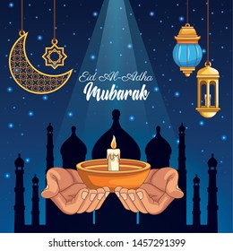 The Feast of Islamic Sacrifice and hand offering with islamics ornaments on bluish background vector illustration graphic design