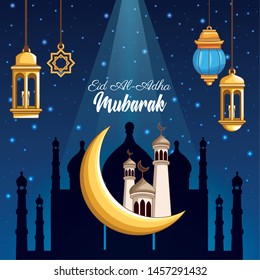 The Feast of Islamic Sacrifice and moon with mosque and islamic ornaments on bluish background vector illustration graphic design