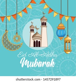 The Feast of Islamic Sacrifice and mosque with islamic ornaments on islamic ornaments vector illustration graphic design
