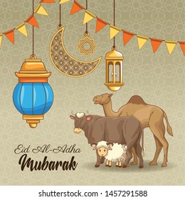 The Feast of Islamic Sacrifice and islamic ornaments cartoons on silver background vector illustration graphic design