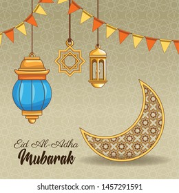The Feast of Islamic Sacrifice and islamic ornaments cartoons on silver background vector illustration graphic design