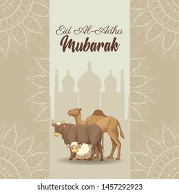 The Feast of Islamic Sacrifice and ram camel bull with islamic ornaments on shaded mosque vector illustration graphic design