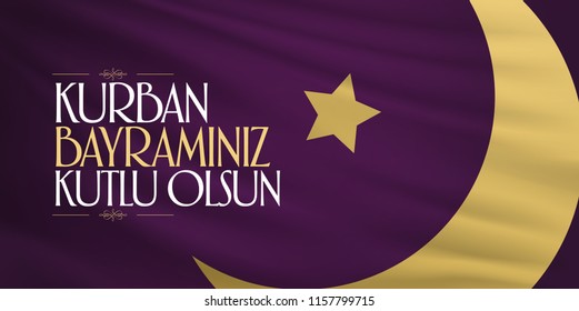 Feast of the Sacrif (Eid al-Adha Mubarak) Feast of the Sacrifice Greeting (Turkish: Kurban Bayraminiz Kutlu Olsun) Holy month of muslim community with purple flag billboard.