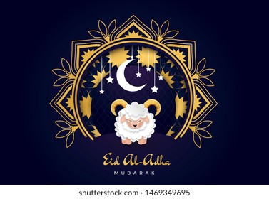 Feast of the Sacrifice Arabic: Eid al-Adha Mubarak Feast of the Sacrifice Greeting. Colourful Vector Greeting Card