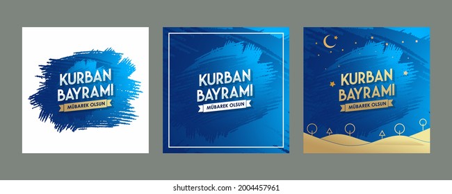 Feast of the Sacrifice (Eid al-Adha Mubarak) Feast of the Sacrifice Greeting (Turkish: Kurban Bayraminiz Kutlu Olsun) Holy days of muslim community. Gold  Blue Template. 