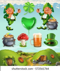 Feast of Saint Patrick. Fairy Tale Village. Leprechaun house 3d vector icon set