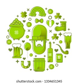 Feast of Saint Patrick. Leprechaun, beer and clover, flat vector icon set.Card for St. Patrick's Day with leprechaun in hat. Invitation to an Irish party at the Pub.