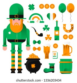 Feast of Saint Patrick. Leprechaun, beer and clover, flat vector icon set.Card for St. Patrick's Day with leprechaun in hat. Invitation to an Irish party at the Pub.