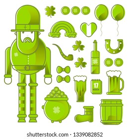 Feast of Saint Patrick. Leprechaun, beer and clover, flat vector icon set.Card for St. Patrick's Day with leprechaun in hat. Invitation to an Irish party at the Pub.