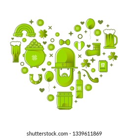 Feast of Saint Patrick. Leprechaun, beer and clover, flat vector icon set in heart .Card for St. Patrick's Day with leprechaun in hat. Invitation to an Irish party at the Pub.