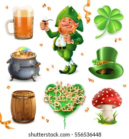 Festa de São Patrício. Leprechaun, cerveja e trevo, conjunto de ícones vetoriais 3d