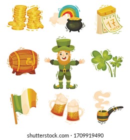 Feast of Saint Patrick Symbols and Attributes with Leprechaun and Trefoil Vector Set