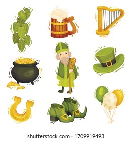 Feast of Saint Patrick Symbols and Attributes with Bishop and Beer Mug Vector Set