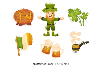 Feast of Saint Patrick Symbols and Attributes with Leprechaun and Trefoil Leaf Vector Set