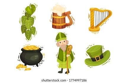 Feast of Saint Patrick Symbols and Attributes with Leprechaun Hat and Golden Coins in Cauldron Vector Set