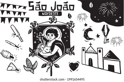 Feast of St. John in Woodcut Style. Bonfire Balloon and typical foods from the Northeast of Brazil.