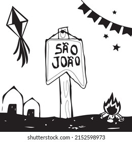 Feast of St. John in Woodcut Style. Bonfire Balloon and typical foods from the Northeast of Brazil.